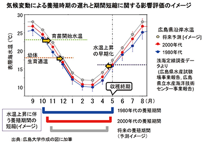 気候変動による養殖時期の遅れと期間短縮に関する影響評価のイメージ