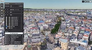 神社や周辺のまちなみを俯瞰している様子「torinome」キャプチャ画像